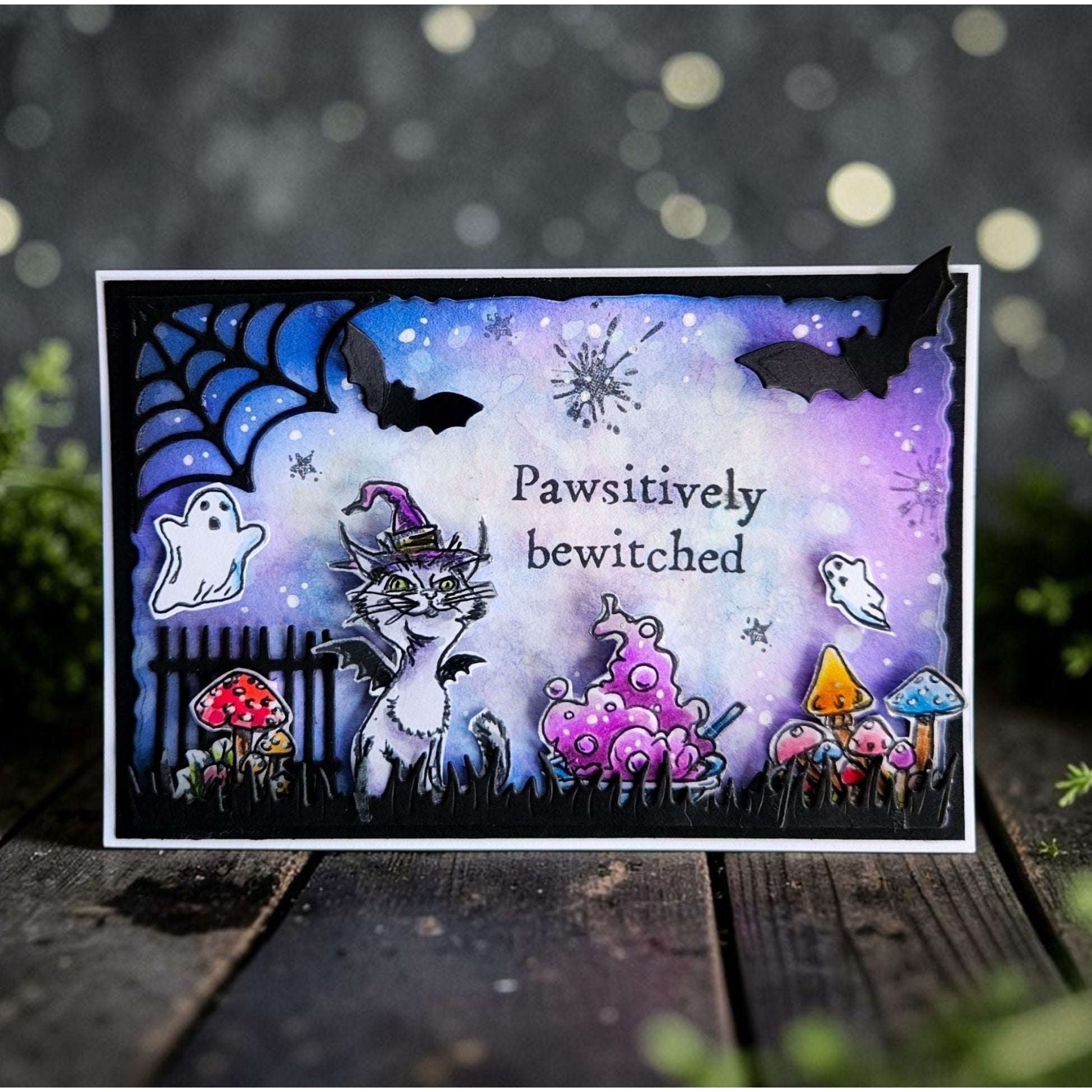 AALL & Create Phantom Keep A6 Clear Stamp Set 1503 cat with wings spider web mushrooms halloween card