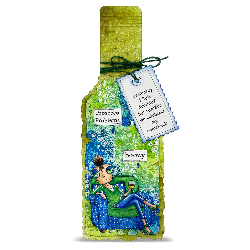 AALL & Create Pour Decisions A7 Clear Stamp Set 1437 woman on green chair bottle card