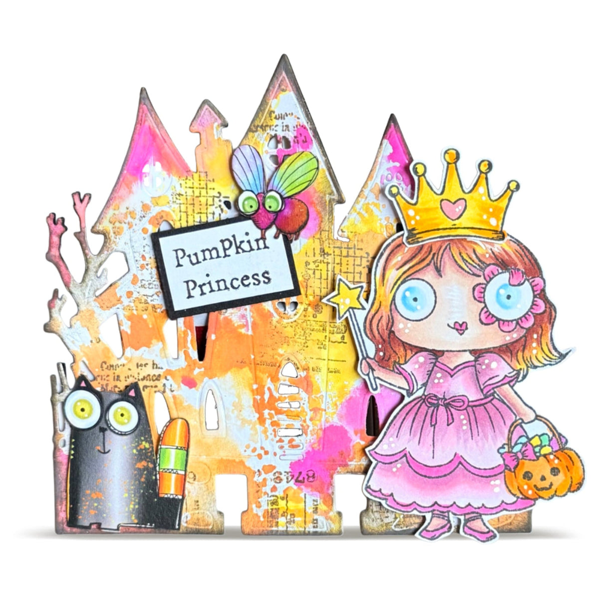 AALL & Create Pumpkin Princess A7 Clear Stamp Set 1423 gold crown black cat fly card