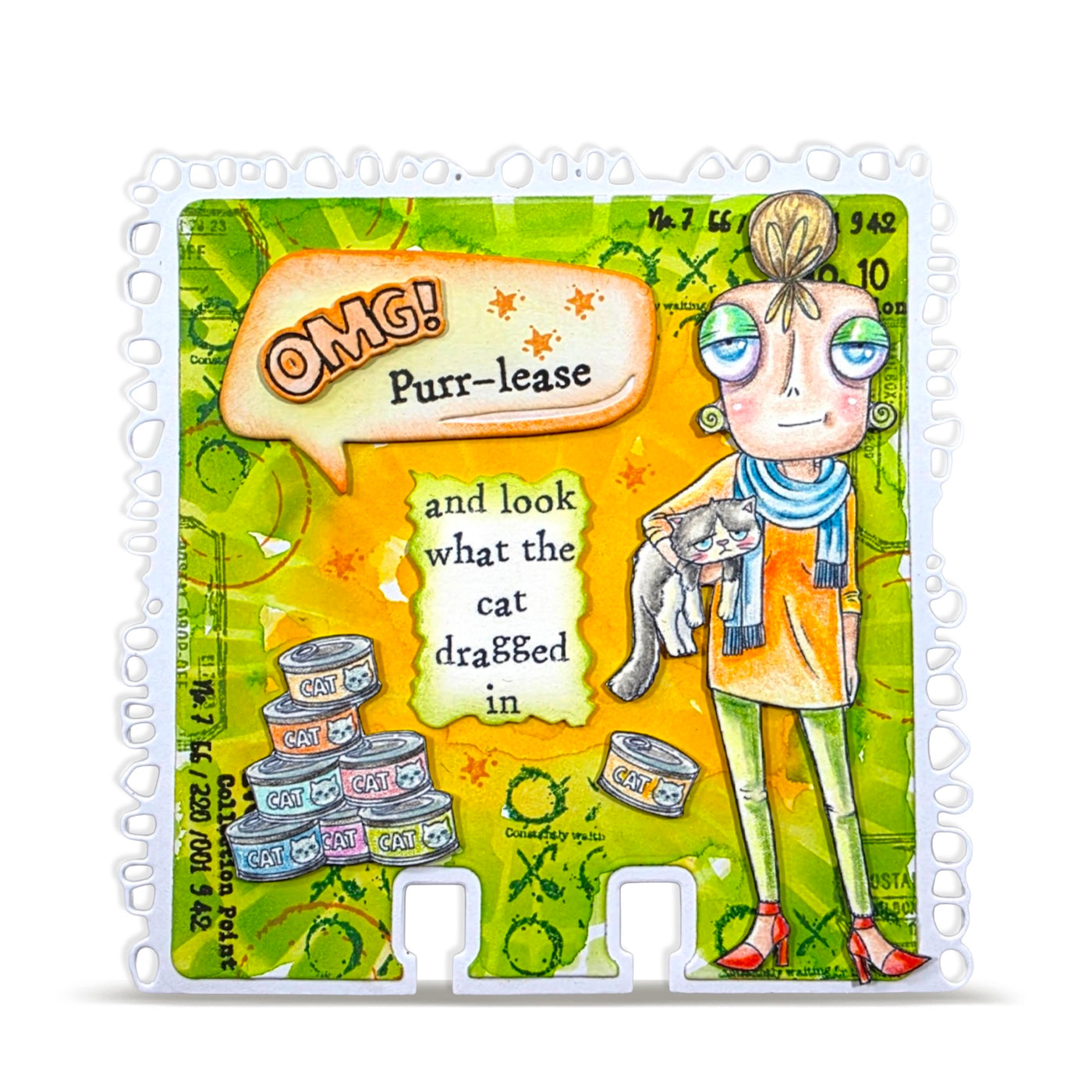AALL & Create Purr-plexed Dee A7 Clear Stamp Set 1438 blue scarf cat red heels cat food