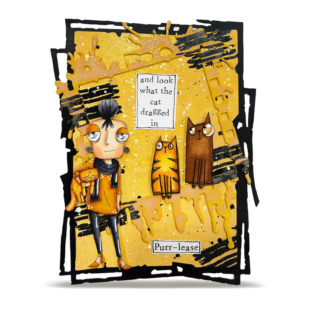 AALL & Create Purr-plexed Dee A7 Clear Stamp Set 1438 woman holding cat black scarf card