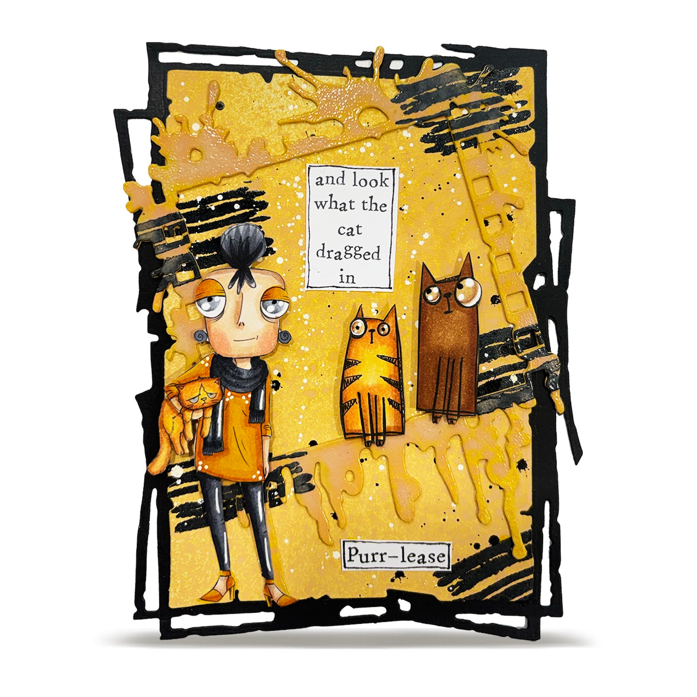 AALL & Create Purr-plexed Dee A7 Clear Stamp Set 1438 woman holding cat black scarf card