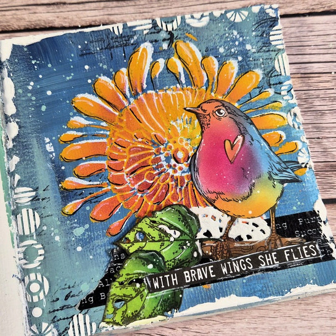 AALL & Create Robin Sprout A6 Clear Stamp Set 1349 colorful bird green leaves white splatters card vicky papaioannou | color-code:ALT01