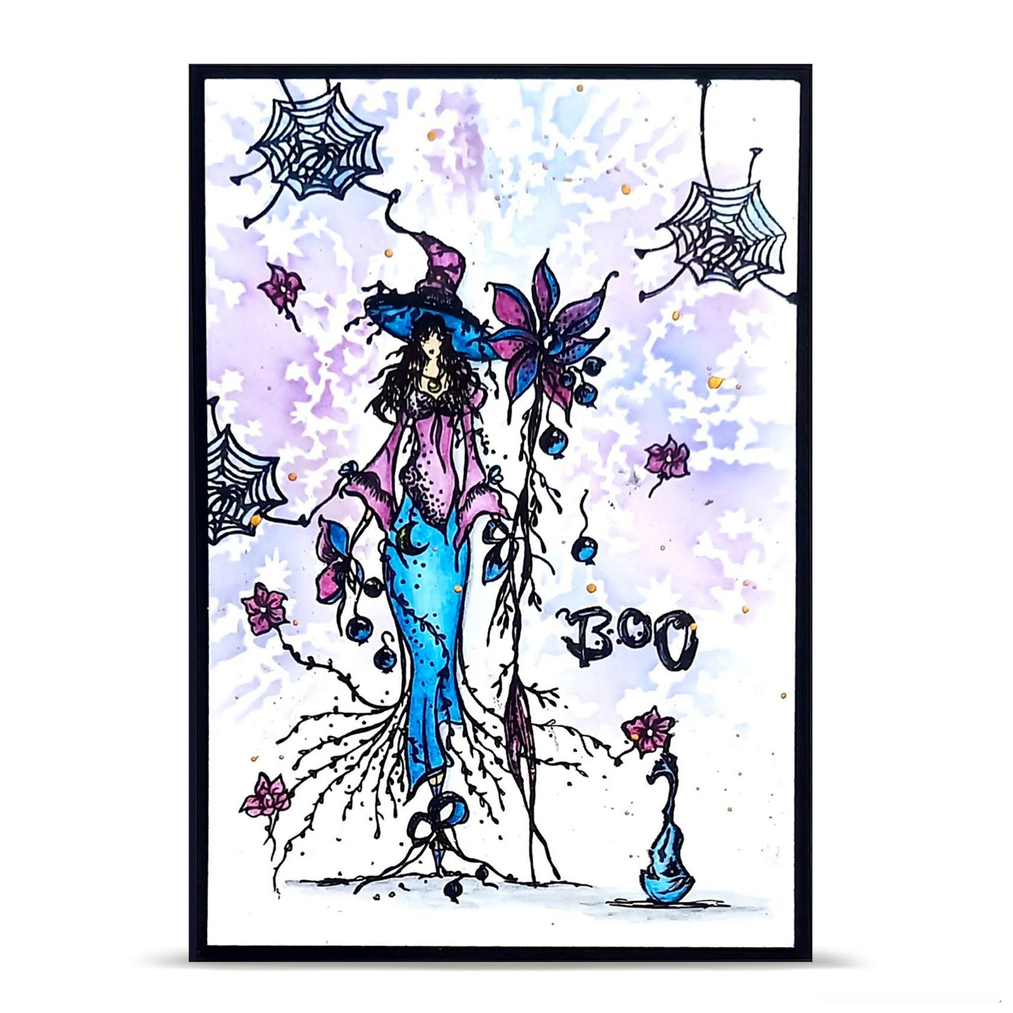 AALL & Create Rooted in Moonlight A6 Clear Stamp Set 1489 blue and purple dress spider webs boo halloween card