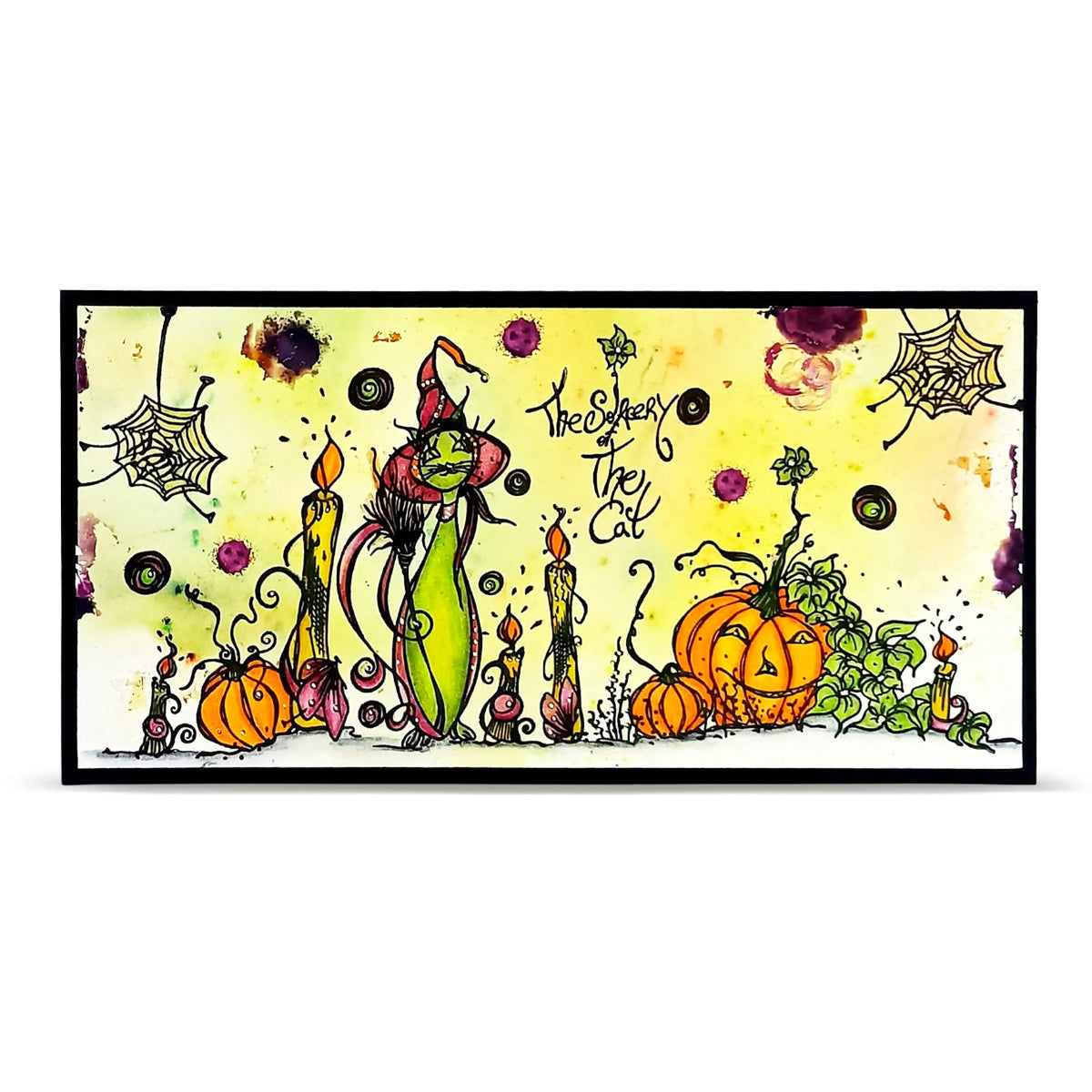 AALL & Create Rooted in Moonlight A6 Clear Stamp Set 1489 green car with witch hat candles pumpkins halloween card