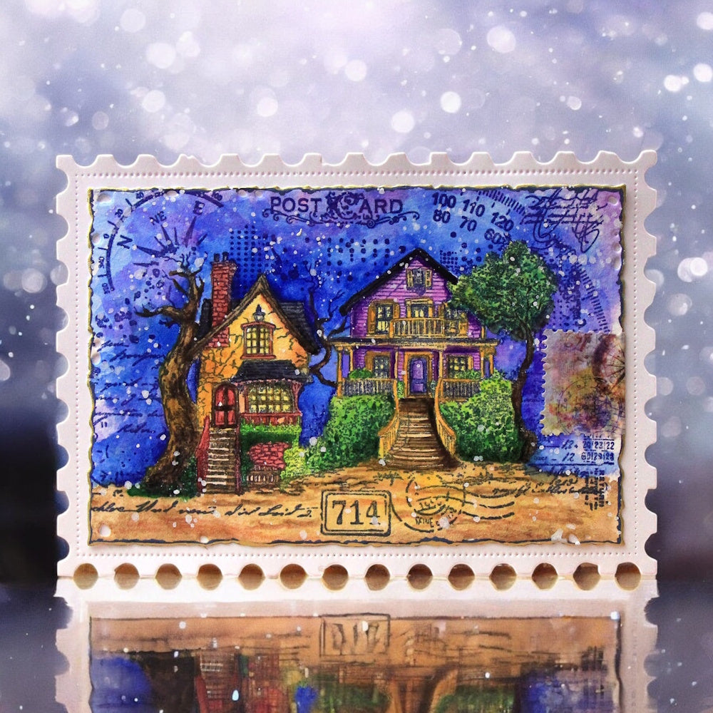 AALL & Create Scenic Script A6 Clear Stamps 1257 houses post card