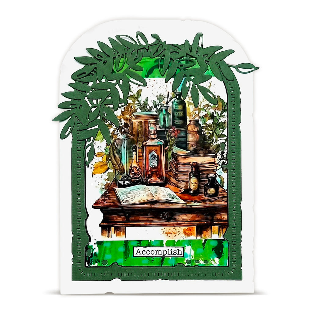 AALL & Create Scriptorium Leaf Layer it up Washi Tape mt-160 table and books glass jars green border