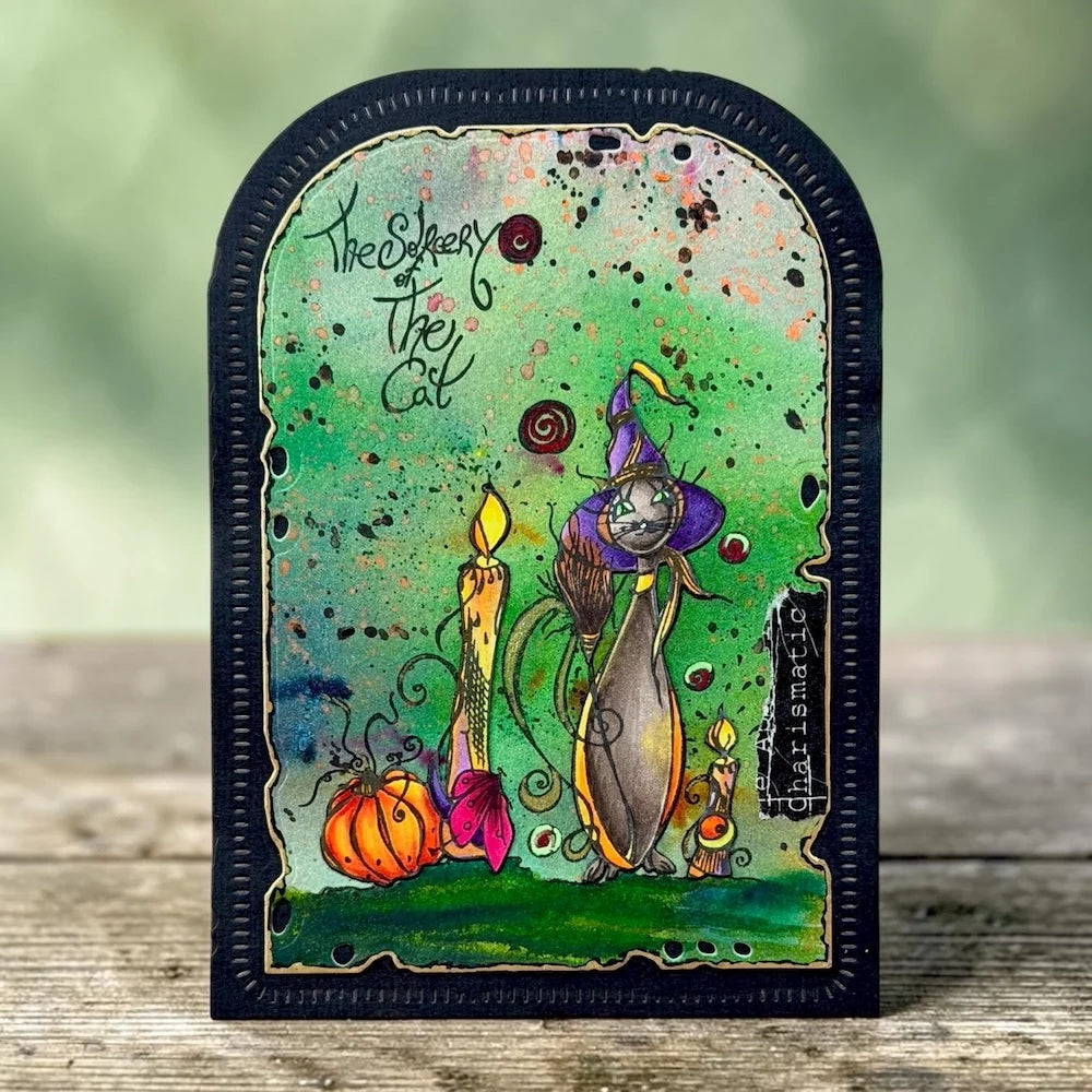 AALL & Create Sorcery Of The Cat A6 Clear Stamp Set 1487 purple witch hat candle pumpkin card