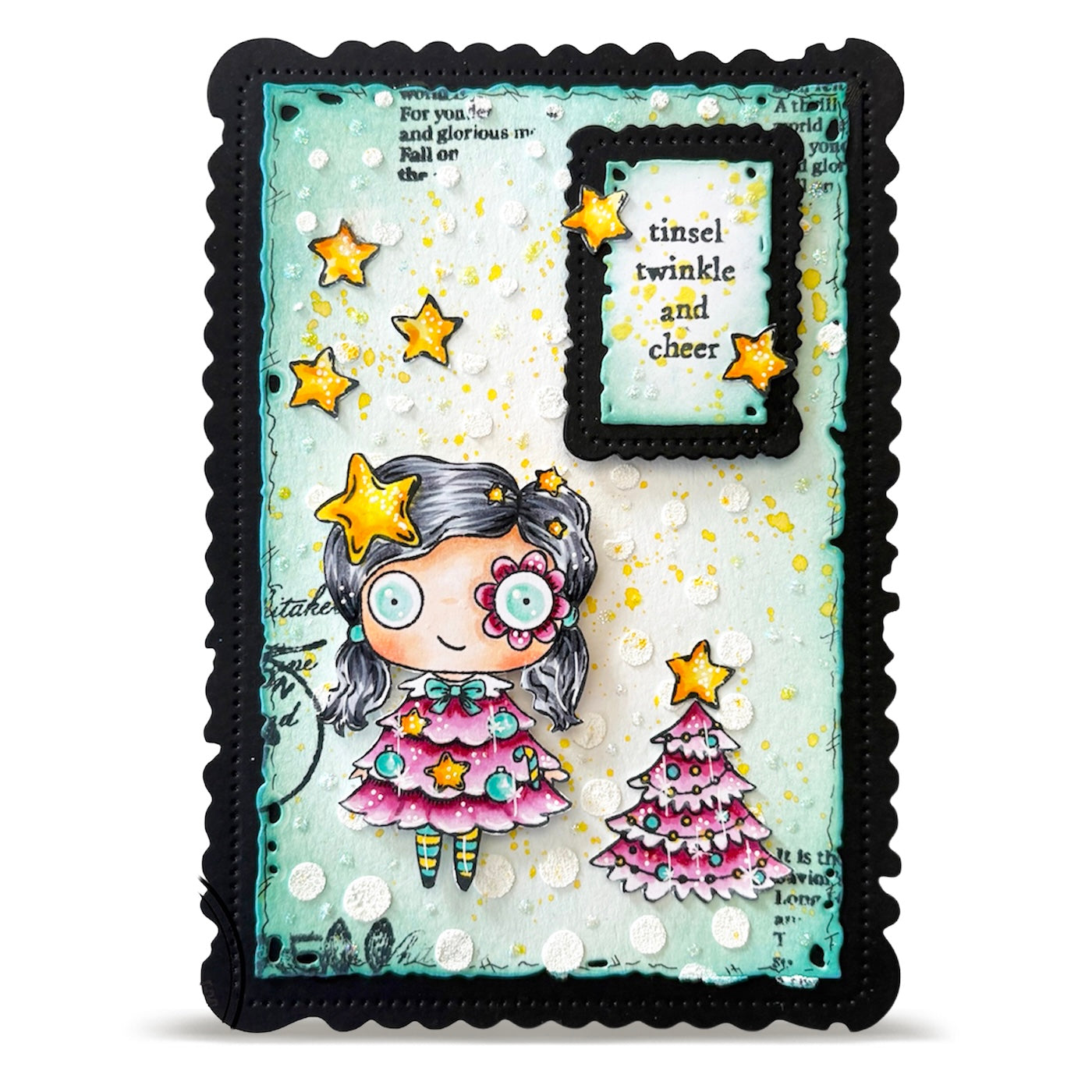 AALL & Create Sparkle Season A7 Clear Stamp Set 1393 pink tree stars black trim card