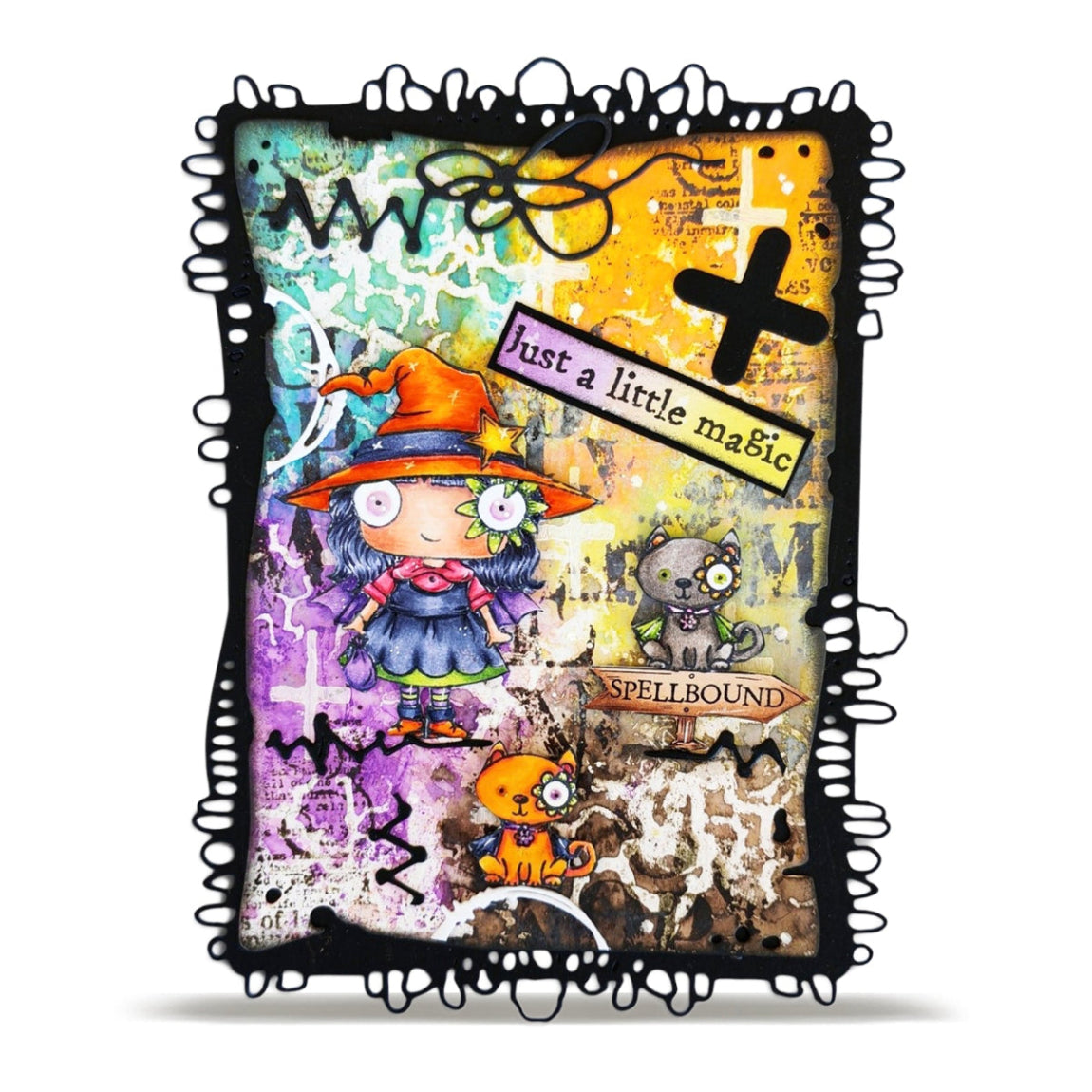 AALL & Create Spellbound A7 Clear Stamp Set 1424 black and orange cats orange witch hat card