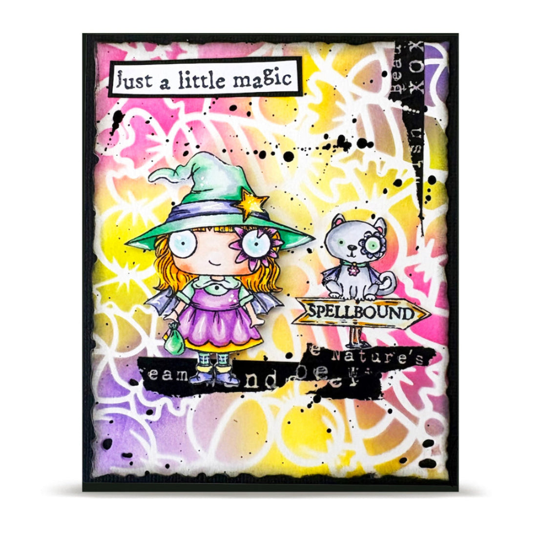 AALL & Create Spellbound A7 Clear Stamp Set 1424 gray cat purple dress just a little magic card