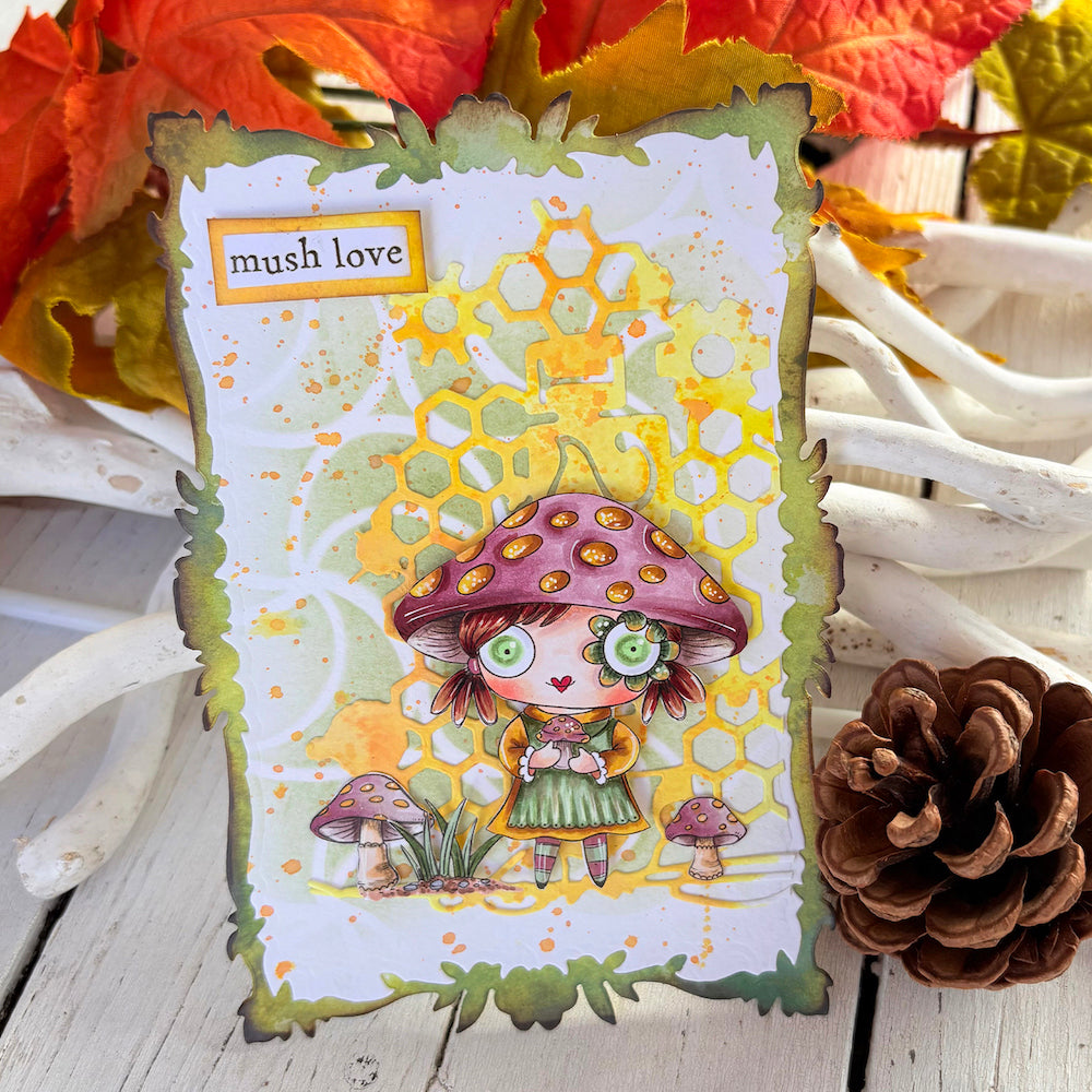 AALL & Create Sportacular A7 Clear Stamp Set 1514 orange dress green apron mushrooms honey comb background mush love card