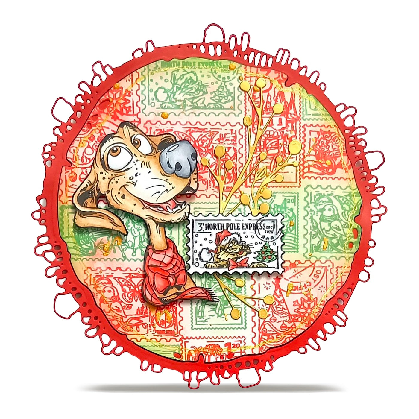 AALL & Create Stamped Wishes A6 Clear Stamp Set 1492 dog with red scarf red circle card