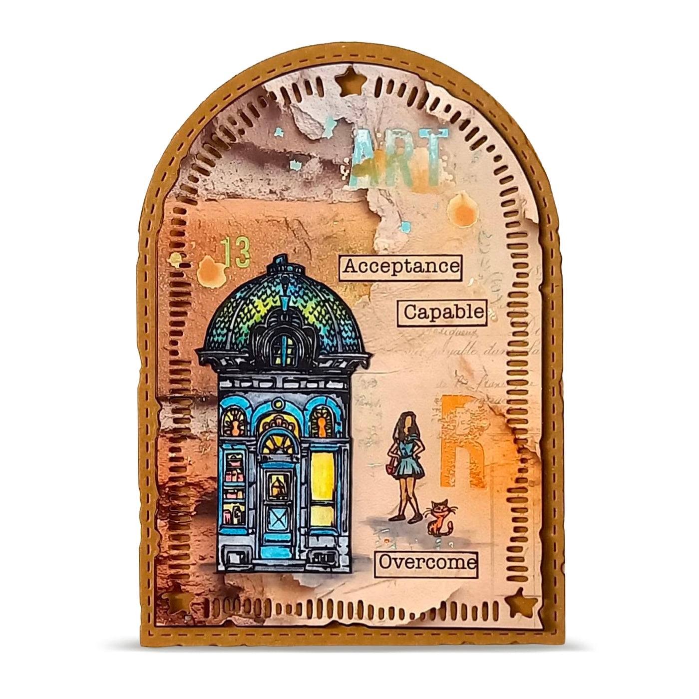 AALL & Create Starflight Dies di-105 woman next to house with cat art acceptance overcome card