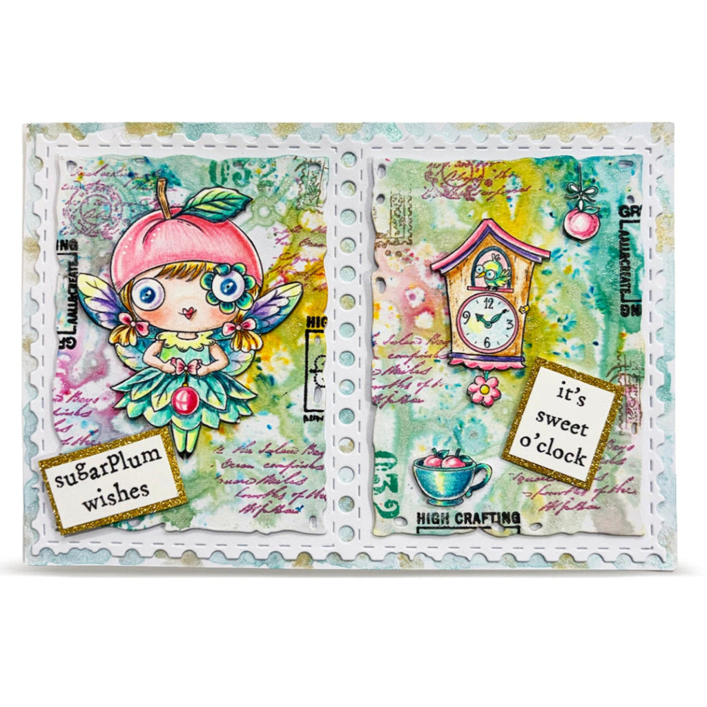 AALL & Create Sugarplum A7 Clear Stamp Set 1394 green fairy dress birdhouse clock it's sweet o clock card