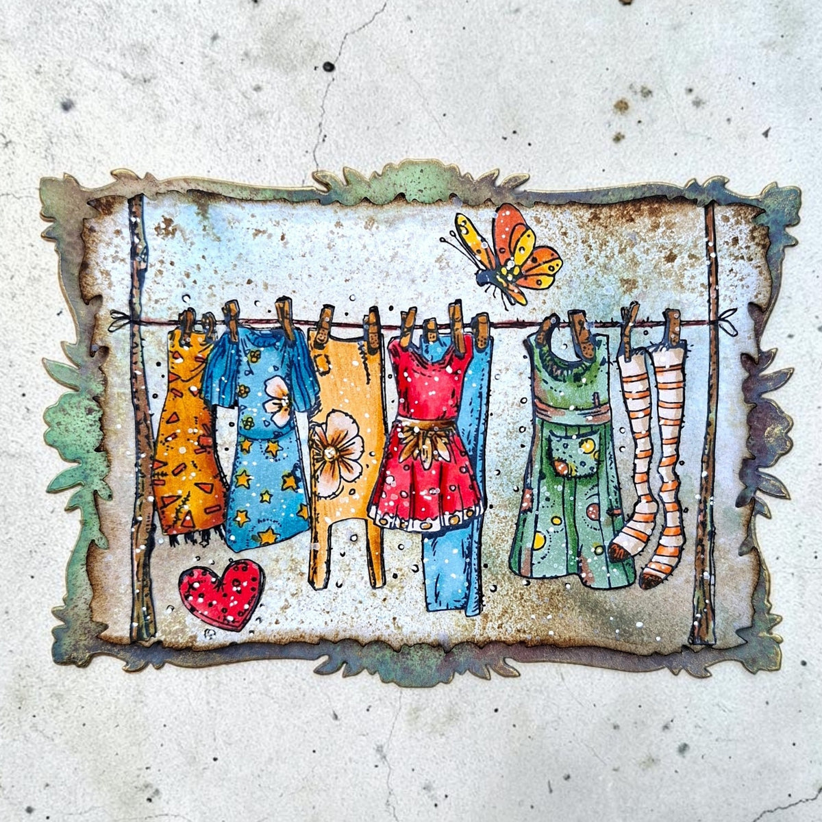 AALL & Create Sunday Laundry A6 Clear Stamp Set 1542 orange butterfly red heart long socks red dress card