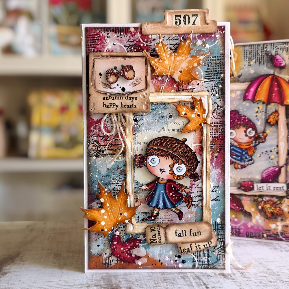 AALL & Create Sweater Weather A7 Clear Stamp Set 1509 acorns orange leaves blue and red background fall fun card