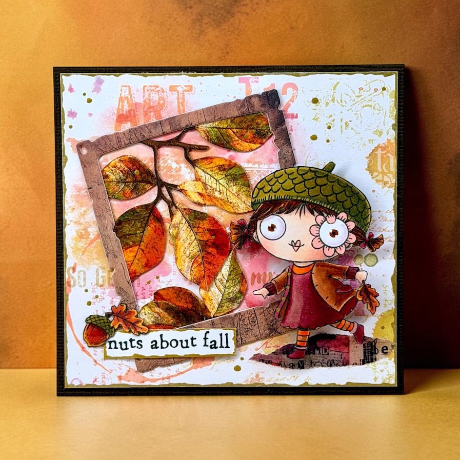 AALL & Create Sweater Weather A7 Clear Stamp Set 1509 fall leaves acorn green hat red dress nuts about fall card