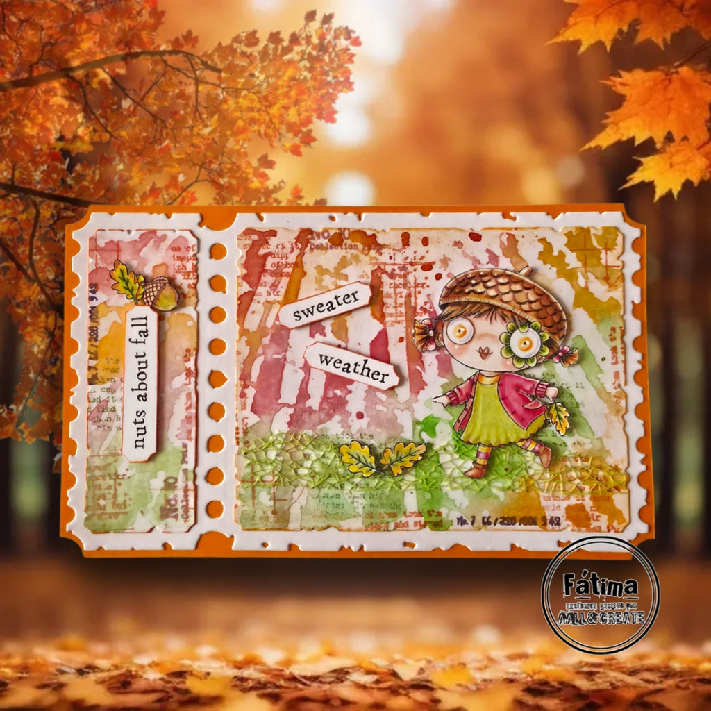 AALL & Create The Golden Ticket Dies die-126 acorns fall leaves girl in green dress sweater weather card
