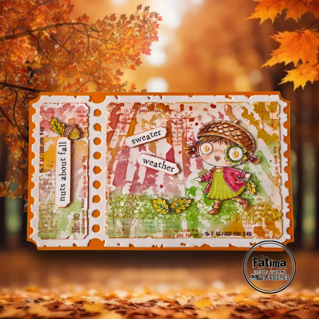 AALL & Create The Golden Ticket Dies die-126 acorns fall leaves girl in green dress sweater weather card