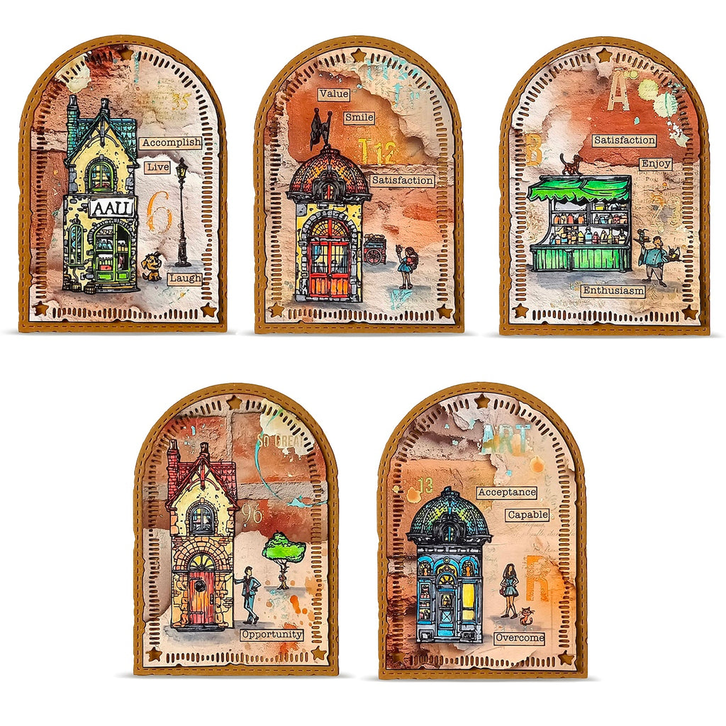 AALL & Create Tiny Kingdoms A5 Clear Stamp Set 1472 houses dog street lamp
