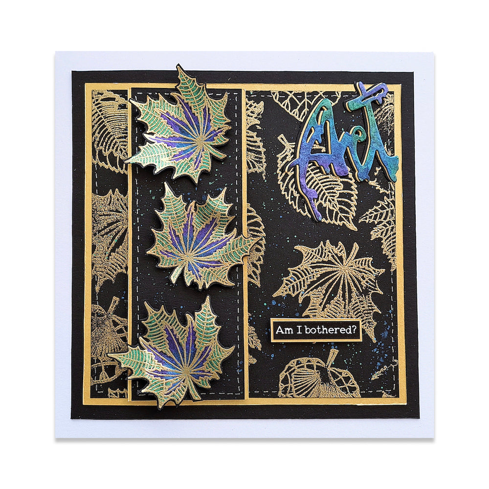 AALL & Create Tombent Les Feuilles A6 Clear Stamp Set 1528 gold leaf outlines white trim border art card