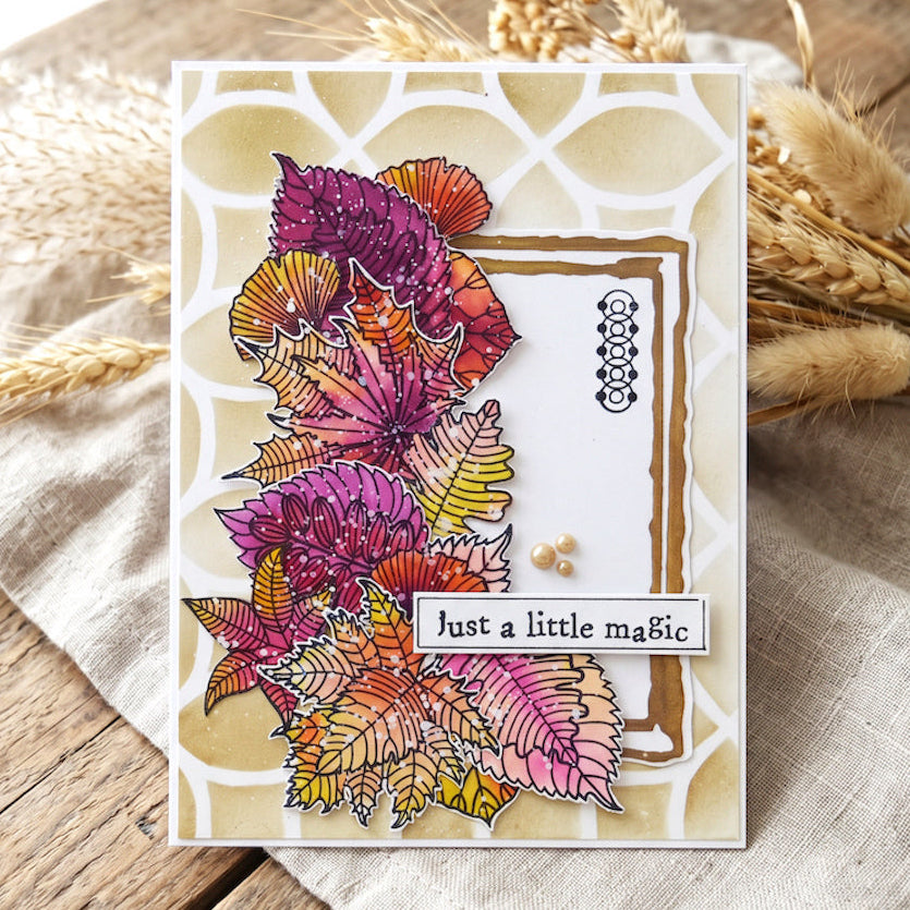 AALL & Create Tombent Les Feuilles A6 Clear Stamp Set 1528 purple and orange flowers circles pearls just a little magic card