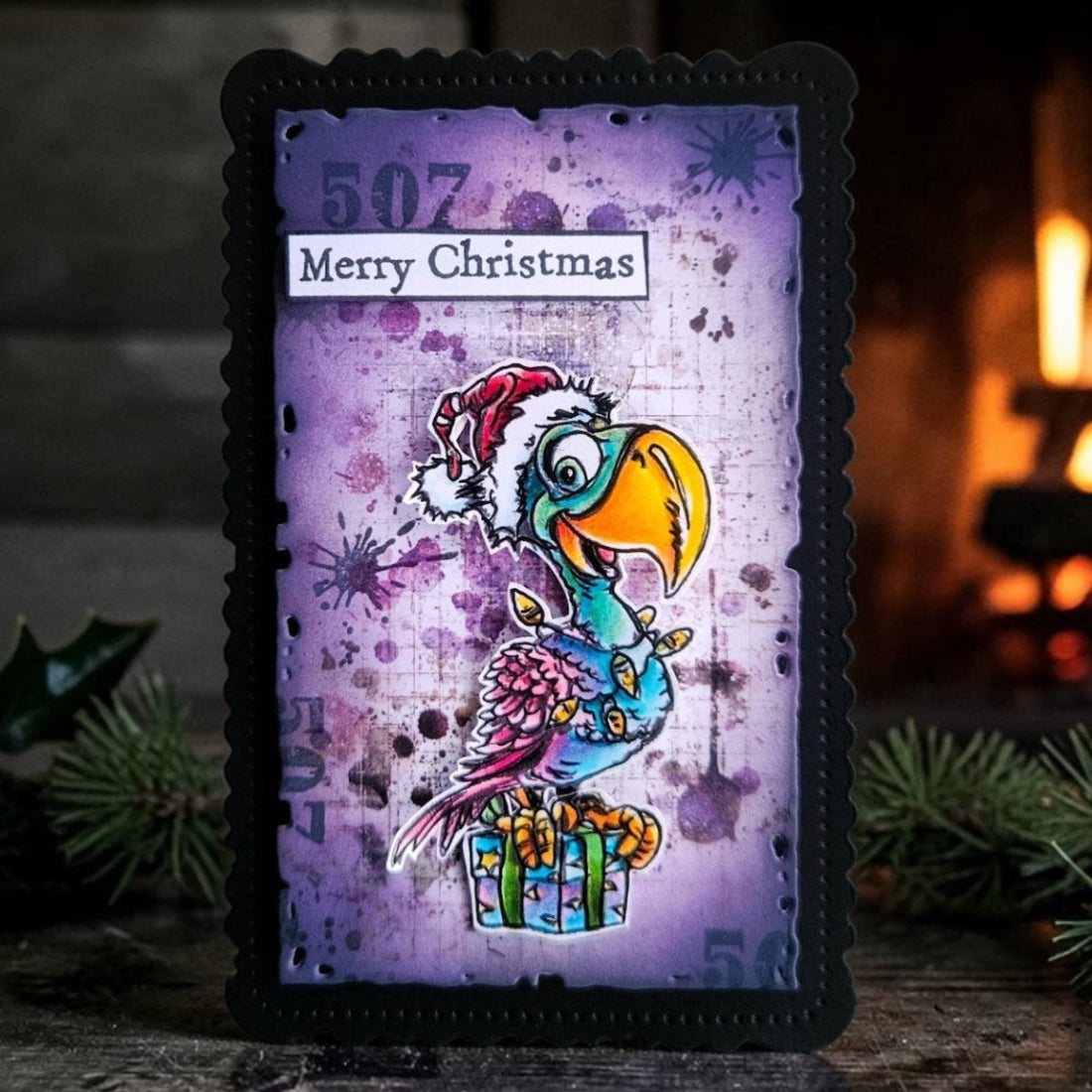 AALL & Create Tweet Treats A6 Clear Stamp Set 1495 blue bird with hat standing on present merry christmas card