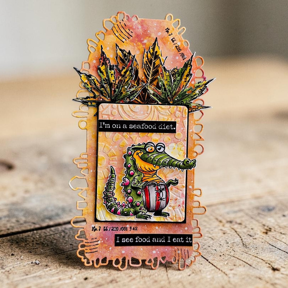 AALL & Create Unbe-leaf-able and Leaf Happens Stamp and Die Bundle crocodile wearing glasses food tag card