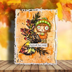 AALL & Create Unbe-leaf-able and Leaf Happens Stamp and Die Bundle girl wearing orange sweater fall leaves falling for cozy card