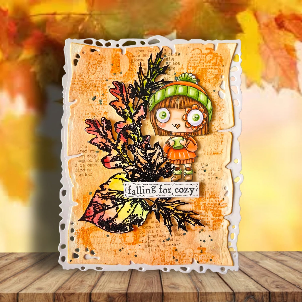 AALL & Create Unbe-leaf-able and Leaf Happens Stamp and Die Bundle girl wearing orange sweater fall leaves falling for cozy card