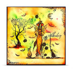 AALL & Create Web Queen A6 Clear Stamp Set 1488 orange background broom spider web flowers orange dress card