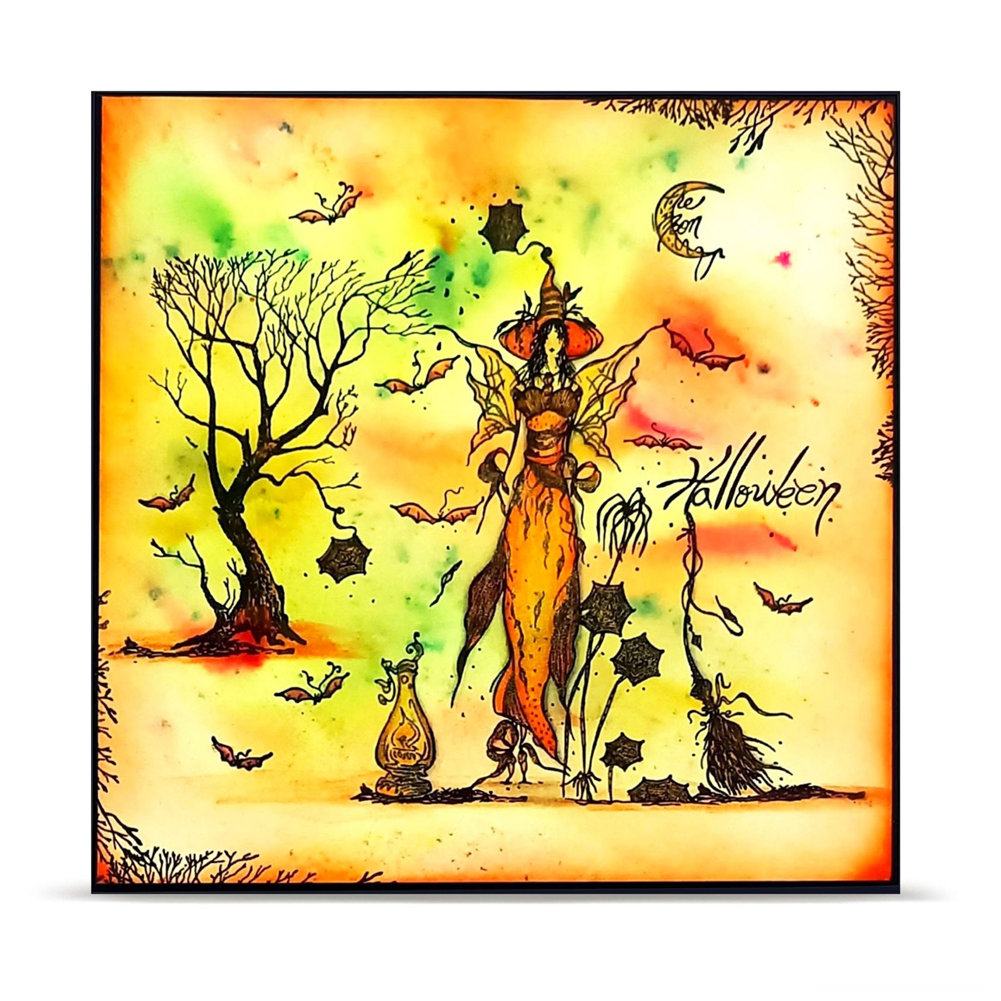 AALL & Create Web Queen A6 Clear Stamp Set 1488 orange background broom spider web flowers orange dress card