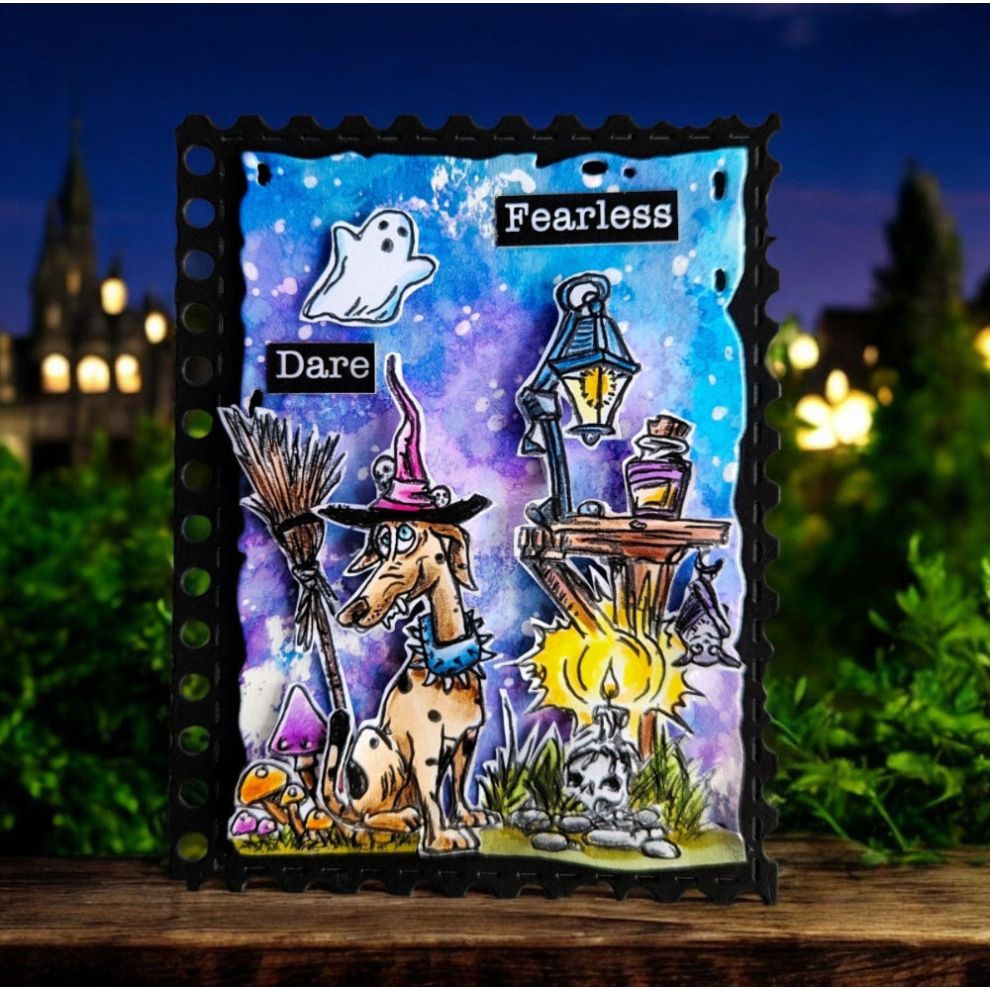 AALL & Create Wicked Chores A6 Clear Stamp Set 1505 dog with witch hat broom fearless candle halloween card