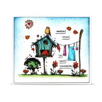 AALL & Create Wildwood Dreamer A6 Clear Stamp Set 1541 red flowers hanging clothes bird houses laundry today card