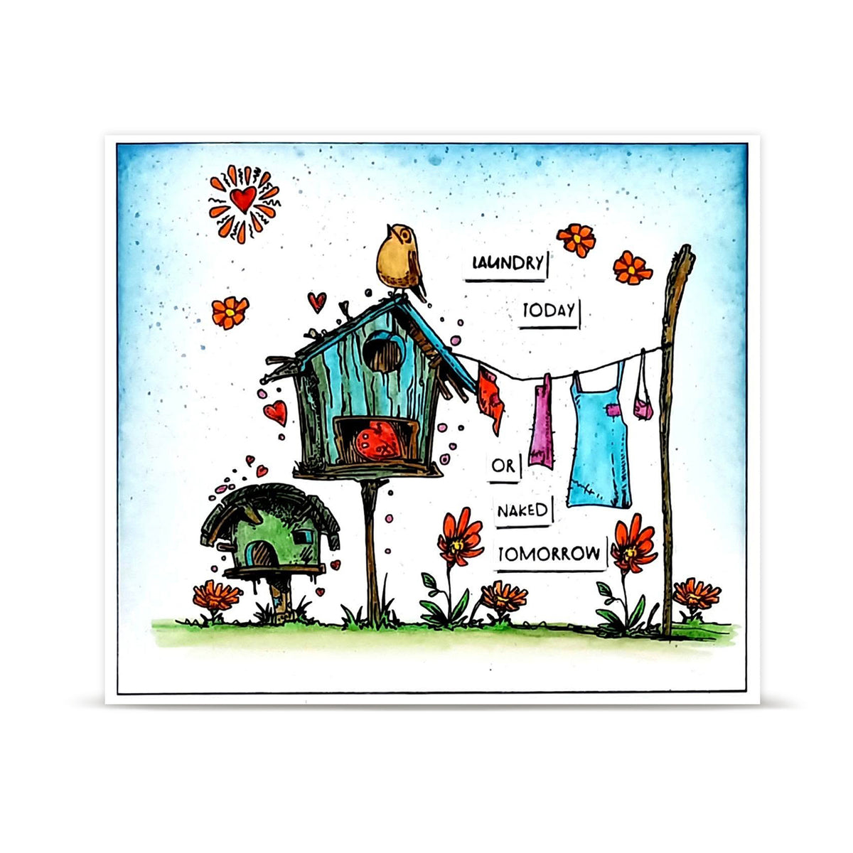 AALL & Create Wildwood Dreamer A6 Clear Stamp Set 1541 red flowers hanging clothes bird houses laundry today card