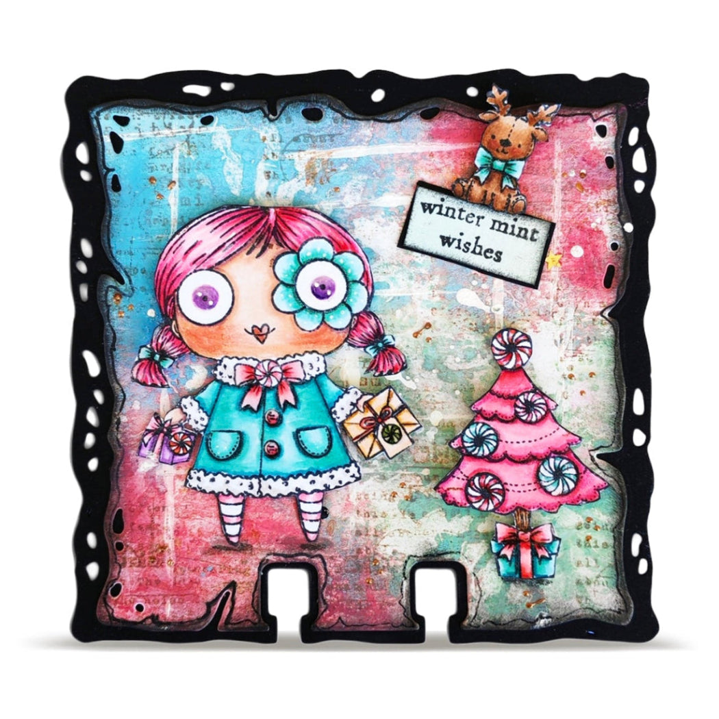 AALL & Create Winter Mint A7 Clear Stamp Set 1395 pink tree ith present blue dress card