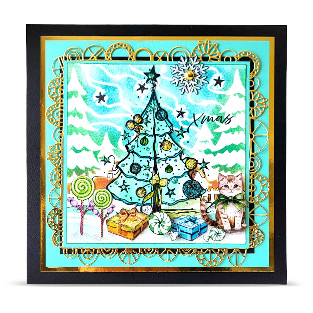 AALL & Create Winter Quiet 6x6 Stencil pc-272 gold trim blue tree ornaments candy xmas card