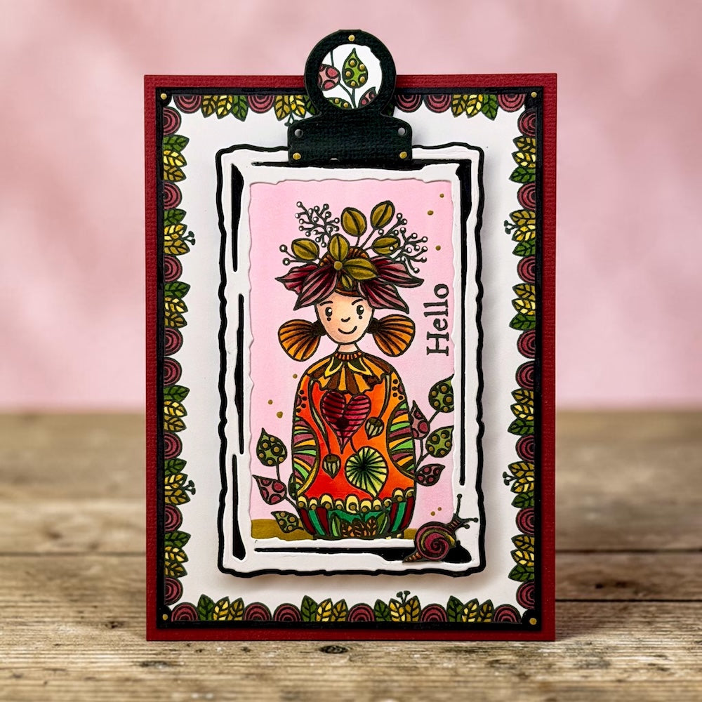 AALL & Create Zouki Miss Automne A7 Clear Stamp Set 1531 girl doll with pigtails green pattern leaves border hello card