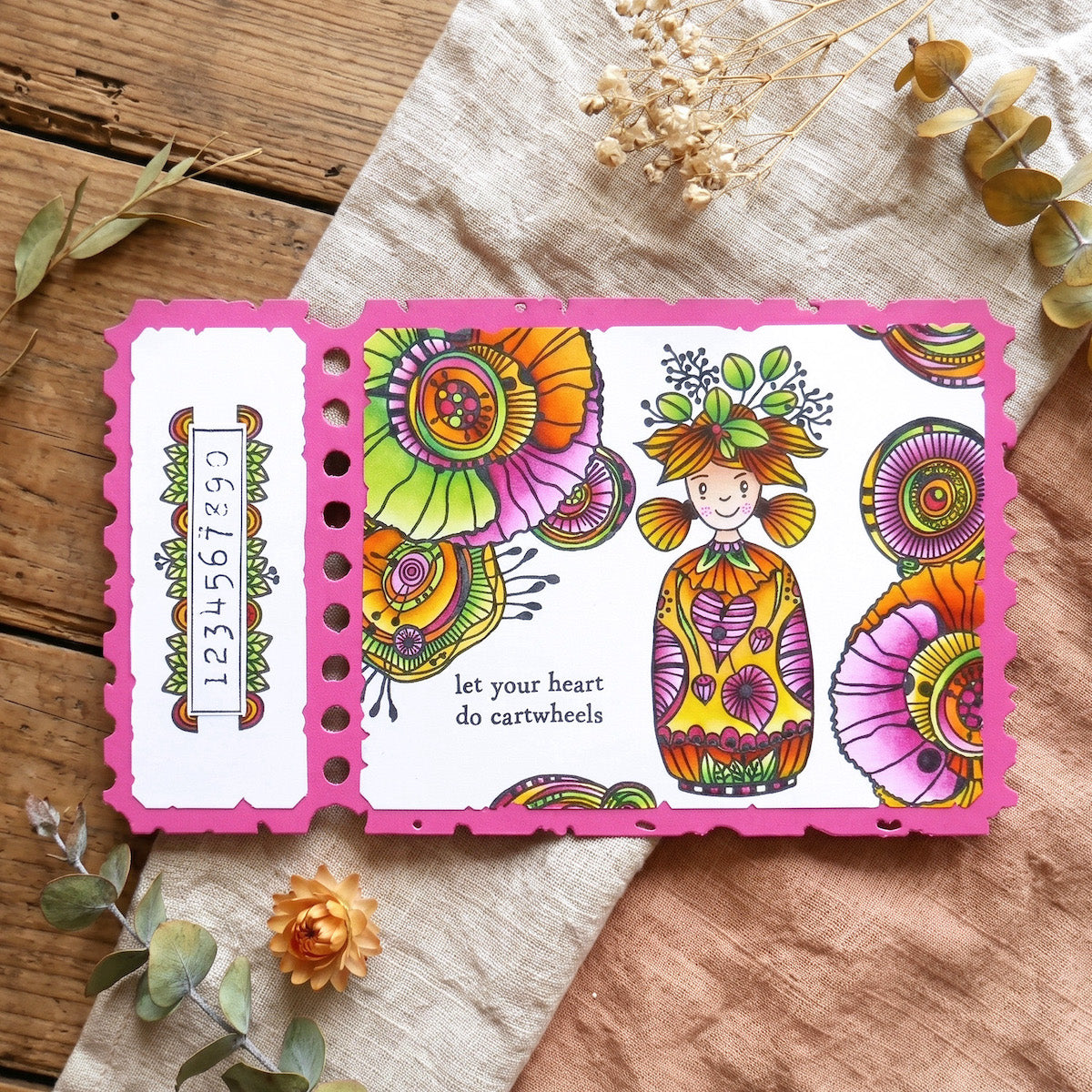 AALL & Create Zouki Miss Automne A7 Clear Stamp Set 1531 purple pattern petals orange petals green leaves let your heart do cartwheels card