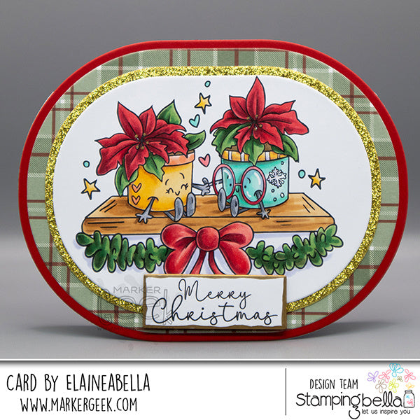 Stamping Bella Spec-Tacular Poinsettia Pair Cling Stamps ag1503 plants sitting on shelf red bow garland merry christmas card