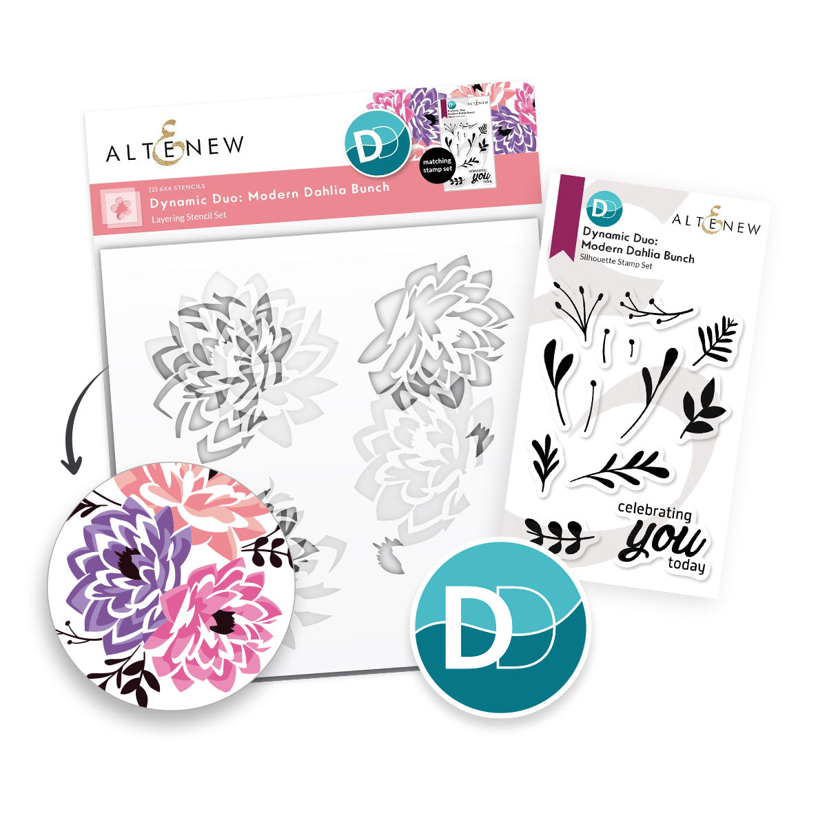 Altenew Dynamic Duo Modern Dahlia Clear Stamp and Stencil Set alt10017bn
