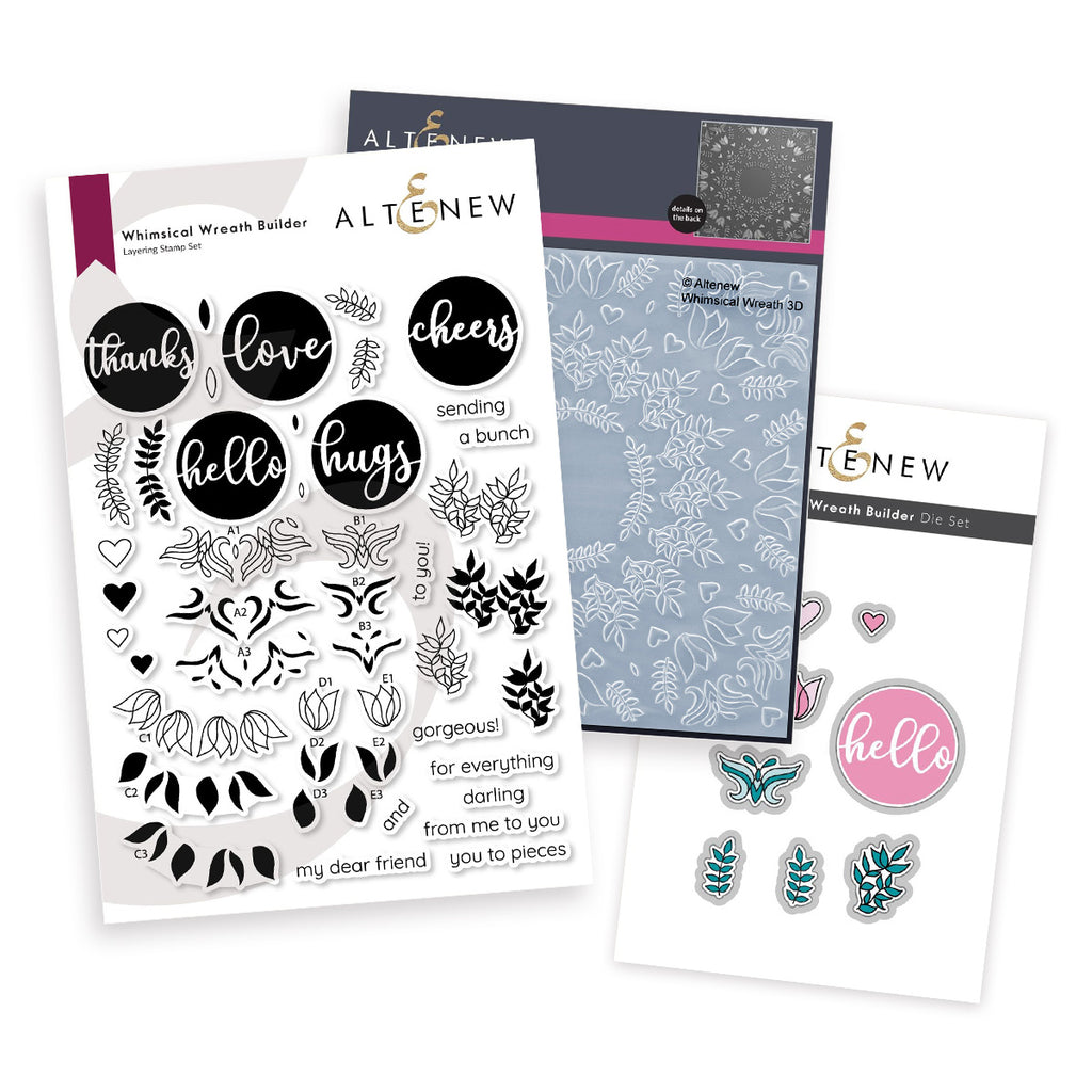Altenew Whimsical Wreath Builder Clear Stamp, Die, and 3d Embossing Folder Set