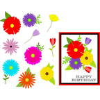 A colorful birthday card design featuring illustrated flowers in red, purple, yellow, pink, blue, orange, and green, with the text 'HAPPY BIRTHDAY' on a white card with a red border.