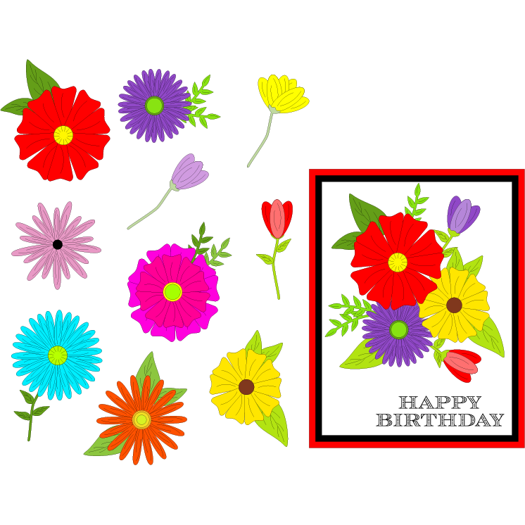 A colorful birthday card design featuring illustrated flowers in red, purple, yellow, pink, blue, orange, and green, with the text 'HAPPY BIRTHDAY' on a white card with a red border.