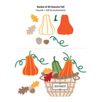 A fall-themed illustration showing a basket labeled "SENTIMENT" filled with gourds, acorns, acorns, and autumn leaves on a white background. Text at the top reads "Basket of All Seasons Fall" and "Gourds + Fall Accoutrements.