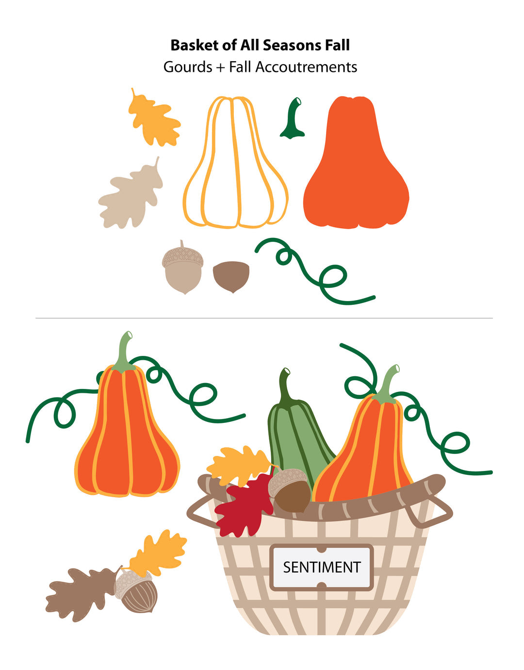 A fall-themed illustration showing a basket labeled "SENTIMENT" filled with gourds, acorns, acorns, and autumn leaves on a white background. Text at the top reads "Basket of All Seasons Fall" and "Gourds + Fall Accoutrements.