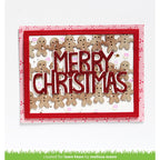 A handmade Christmas greeting card featuring the words 'MERRY CHRISTMAS' in glittery red letters, surrounded by small gingerbread men cutouts. The card has layered red borders and a pink patterned outer border, shown against a plain white background.