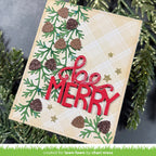 A handmade Christmas greeting card with a beige plaid background, green pine branches, brown pinecones, and glittery red 'Merry' lettering, styled with green pine branches.