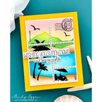 A handmade greeting card featuring a postage stamp collage design with beach scenes and the text 'WISHING YOU SUNNY DAYS and breezy nights,' photographed on a teal surface with decorative seashells and a white flower.